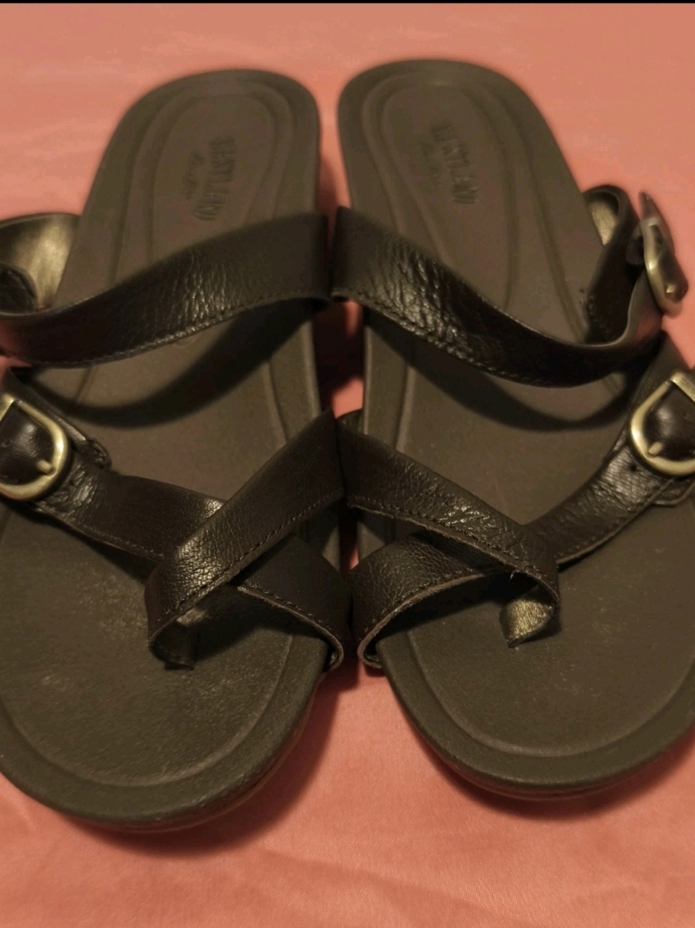 Skechers Women's Brown 🟤 Leather Buckle Slide Sandals